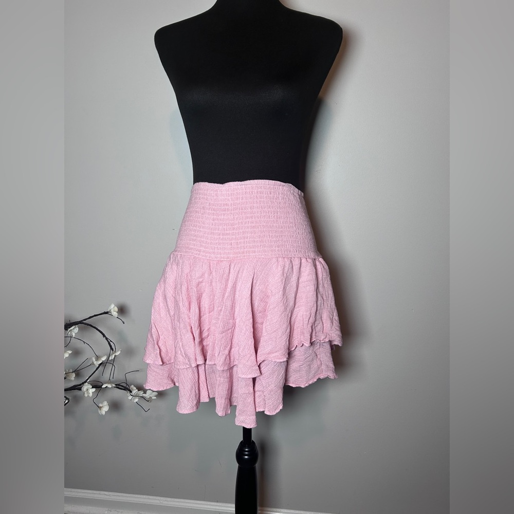 Pink Smocked Ruffle Mini Skirt Boho Cottagecore Festival Skirt Med /  LG